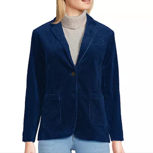 Lands End Womens Wide Wale Corduroy Blazer Jacket 1X Navy Blue cotton preppy - Picture 1 of 14